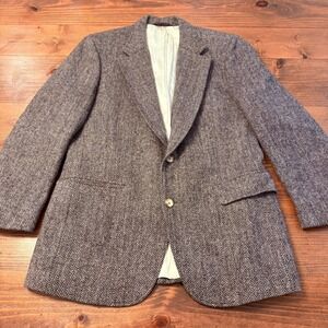 Harris Tweed Blazer Mens 41R Brown Gray Herringbone Scottish Wool Britches VTG